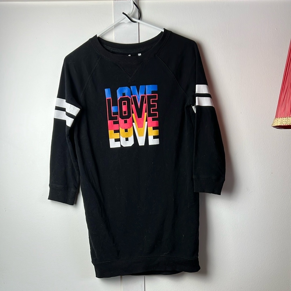 Kids Long Black Sweatshirt Dress with Colorful LOVE Graphic